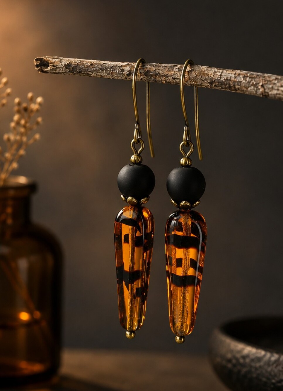 Tortoiseshell Czech Glass Earrings Amber Black Modern Artisan Hand Crafted